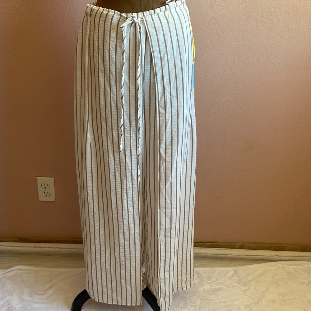 CeCe Elegant Striped Cream Pants with Tie Waist